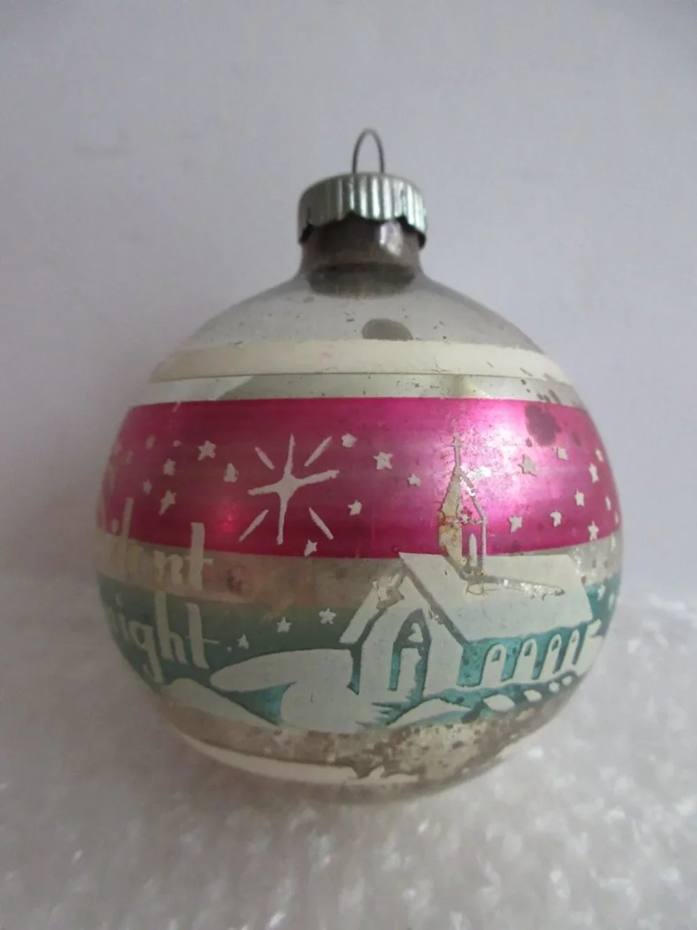 Shiny Brite Stencil Silent Night Pink Blue Striped Glass Christmas Ornament Vtg